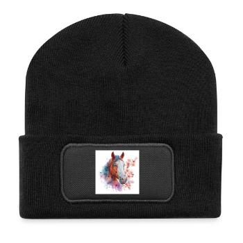 Watercolor Horse with Blossoms - Recycled Patch Beanie - black - Front