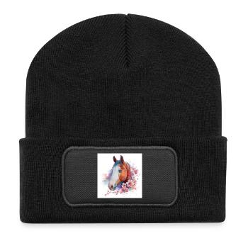 Aquarellpferd zwischen Blüten - Recycelte Patch Beanie - Schwarz - Vorne