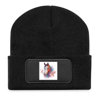 Cheval aquarelle avec des cerisiers en fleurs - Beanie recyclé à patch - noir - Devant