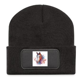 Watercolor Horse with Cherry Blossoms - Recycled Patch Beanie - dark grey - Front