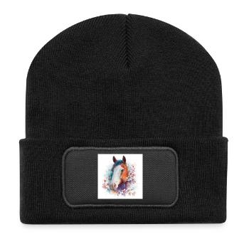 Aquarell Pferdeblüten-Porträt - Recycelte Patch Beanie - Schwarz - Vorne