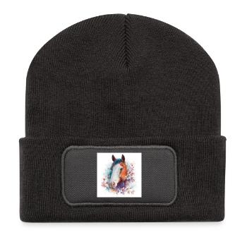 Aquarell Pferdeblüten-Porträt - Recycelte Patch Beanie - Dunkelgrau - Vorne