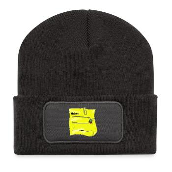 Yellow Notepad – Paper Clip & Fake Bow Tie - Recycled Patch Beanie - dark grey - Front