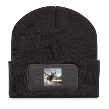 Majestic Stag: Leap through the Alps - Recycled Patch Beanie - dark grey - Front