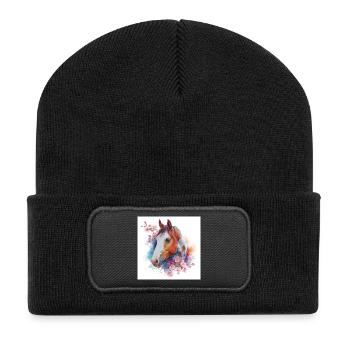 Watercolor Horse with Blossoms - Recycled Patch Beanie - black - Front