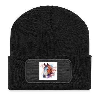 Aquarell Pferd und Blüten - Recycelte Patch Beanie - Schwarz - Vorne