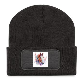 Aquarell Pferd und Blüten - Recycelte Patch Beanie - Dunkelgrau - Vorne