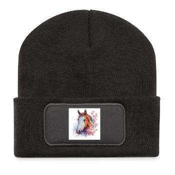 Aquarelle Cheval et Fleurs de cerisier - Beanie recyclé à patch - charbon - Devant
