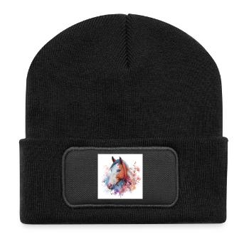 Watercolor Horse Bloom Portrait - Recycled Patch Beanie - black - Front