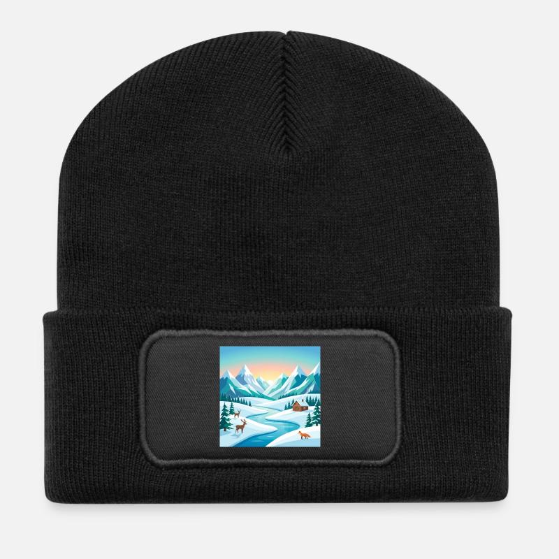Alpine winter scenery with deer & hut - Recycled Patch Beanie - black