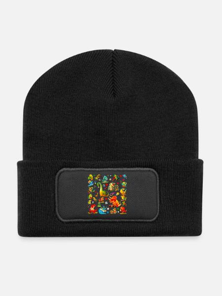 Cute Sports Dino Muster, Dino Meisterschaft - Recycelte Patch Beanie - Schwarz