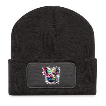 Pop-Art Schwein Kopf Farbexplosion - Recycelte Patch Beanie - Dunkelgrau - Vorne