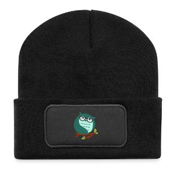 Cartoon-Eule mit schicke Brille - Recycelte Patch Beanie - Schwarz - Vorne