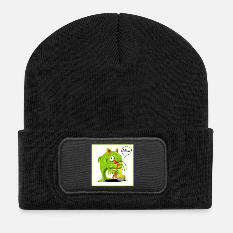 Katzenfisch als Katze verkleidet schlürft Nudeln  - Recycelte Patch Beanie - Schwarz