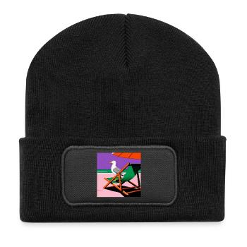 Colorful beach chair and seagull - Recycled Patch Beanie - black - Front