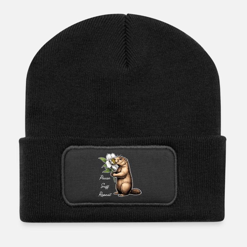 Murmeltier: Pause, Schnuppern, Weitermachen - Recycelte Patch Beanie - Schwarz
