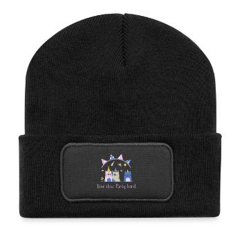Live slow, party hard – Süße Katze Statement - Recycelte Patch Beanie - Schwarz - Vorne