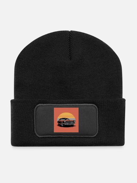 Retro Sunset Car Illustration - Recycled Patch Beanie - black