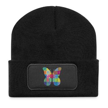 Bunter Patchwork-Schmetterling - Recycelte Patch Beanie - Schwarz - Vorne