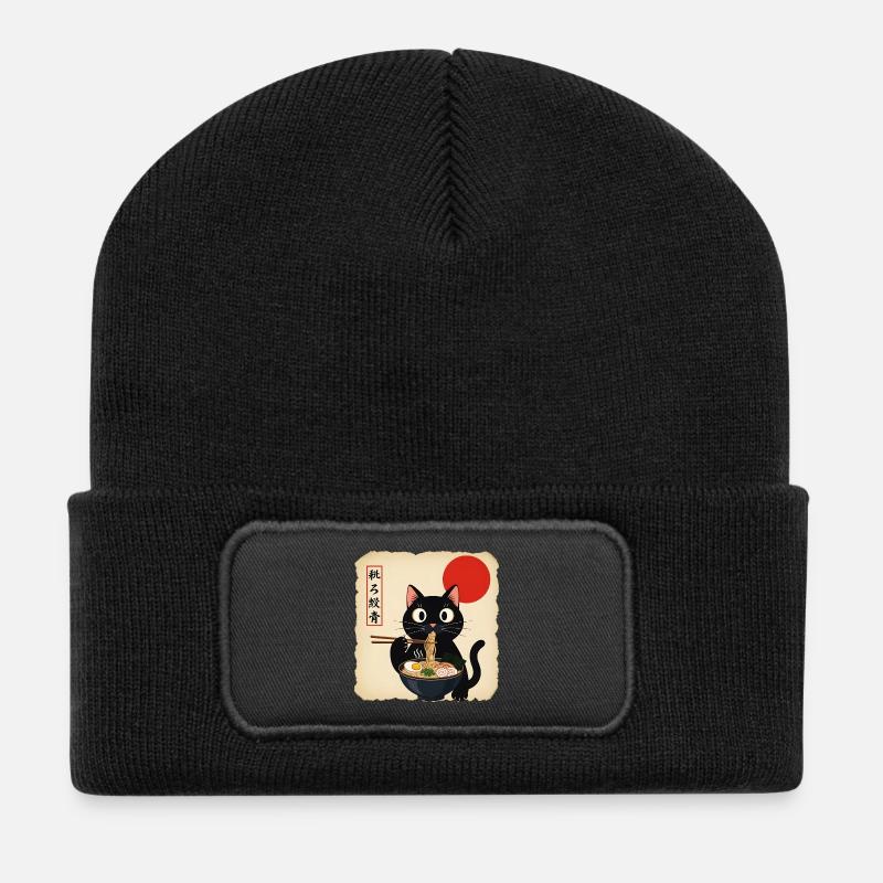 Katzensuppe mit roter Sonne - Recycelte Patch Beanie - Schwarz