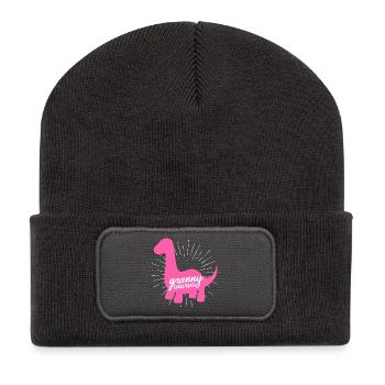 Grannysaurus Lustige rosa Dinosaurier-Großmutter - Recycelte Patch Beanie - Dunkelgrau - Vorne