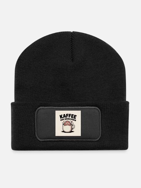 Kaffee vor Menschsein Cartoon - Recycelte Patch Beanie - Schwarz