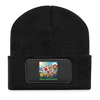 Sonnenblumengarten mit Biene - Recycelte Patch Beanie - Schwarz - Vorne