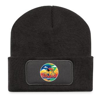 Bunter Radfahrer Rundbild - Recycelte Patch Beanie - Dunkelgrau - Vorne