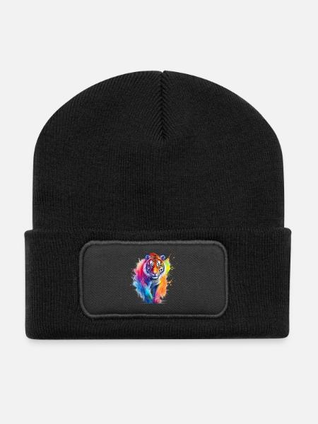 Tigre arc-en-ciel en aquarelle couleur éclaboussure. Look - Beanie recyclé à patch - noir