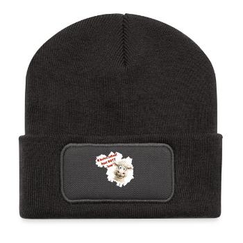 Dessin animé drôle de mouton avec texte rouge - Beanie recyclé à patch - charbon - Devant