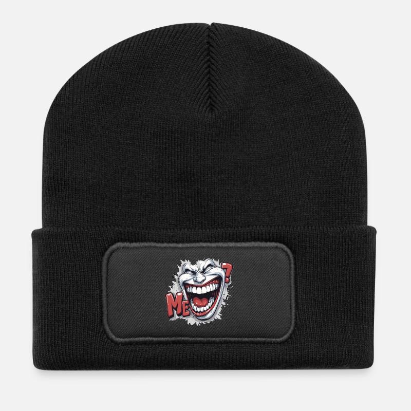 Verrücktes lachendes weißes Gesicht im Comic-Stil - Recycelte Patch Beanie - Schwarz