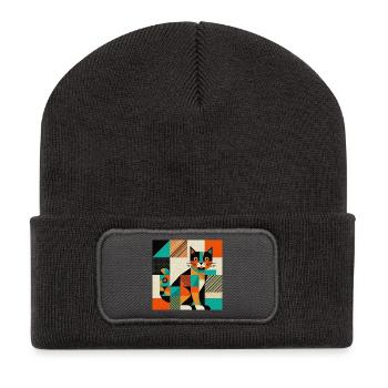 Silhouette géométrique de chat - Beanie recyclé à patch - charbon - Devant