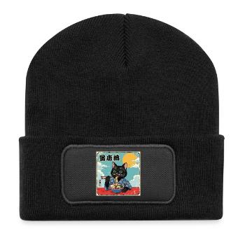 Katze de nouilles ramen de Kawaii Chat mangeant des nouilles ramen - Beanie recyclé à patch - noir - Devant