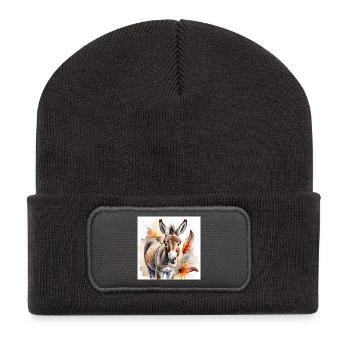 Wasserfarben Eselportrait mit Federakzent - Recycelte Patch Beanie - Dunkelgrau - Vorne