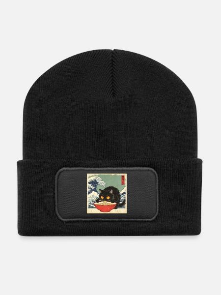 Japan Cat Ramen Nudeln Retro Wave Muster - Recycelte Patch Beanie - Schwarz