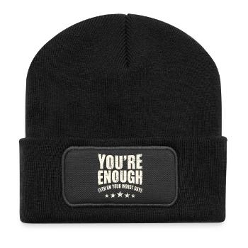 Du bist genug – Mutige Tagesbotschaft - Recycelte Patch Beanie - Schwarz - Vorne