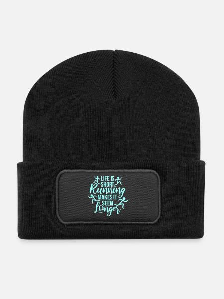 Life Is Short Running Makes It Seem Longer Funny - Recycled Patch Beanie - black