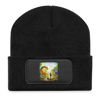 Glaubensschutz im Dino-Wunderland - Recycelte Patch Beanie - Schwarz - Vorne