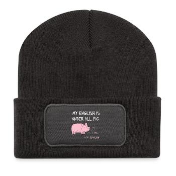 My English Is Under All Pig – Denglisch Spruch - Recycelte Patch Beanie - Dunkelgrau - Vorne
