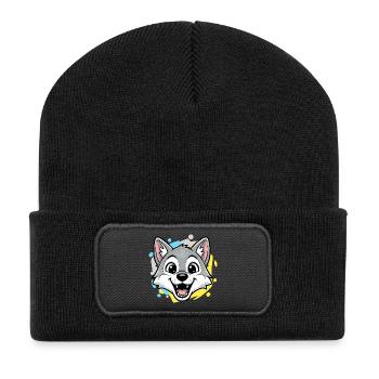Wolf Kopf Cartoon Art - Recycelte Patch Beanie - Schwarz - Vorne
