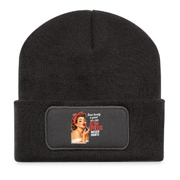 Pin-Up Girl Retro Design: Roter Lippenstift - Recycelte Patch Beanie - Dunkelgrau - Vorne
