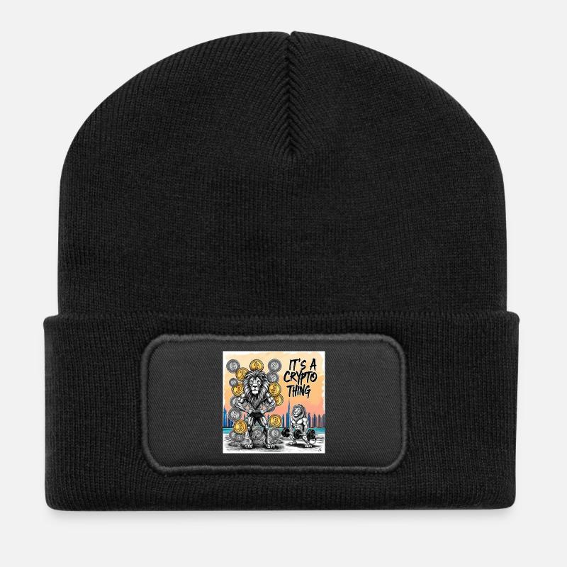 Crypto Lion Muscle Hero - Recycled Patch Beanie - black