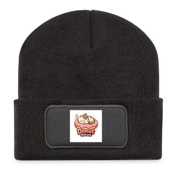 Donut Disturb – Süße Katze im Donut - Recycelte Patch Beanie - Dunkelgrau - Vorne