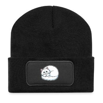 Chat Blanc Angora Yeux Bleus Enroulé Mignon - Beanie recyclé à patch - noir - Devant