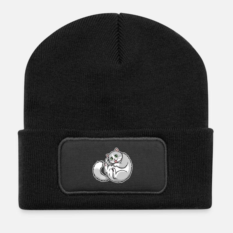 Grey and White Cat Funny Tongue Out Cute - Recycled Patch Beanie - black