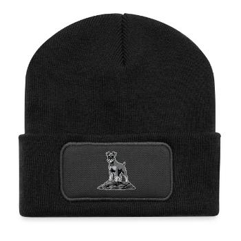 Schnauzerhund auf Felsen – stolzes Bartporträt - Recycelte Patch Beanie - Schwarz - Vorne