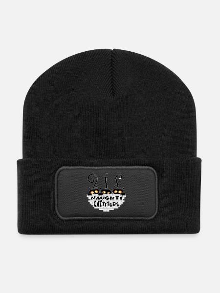 "Naughty Cattitude" Funny three Cute Black Cats - Recycled Patch Beanie - black