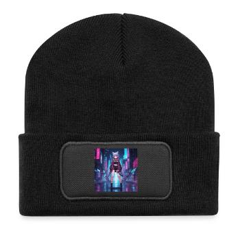 Neon cat runner in cyber city - Recycled Patch Beanie - black - Front