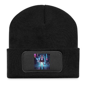 Neon cat in the cyber district - Recycled Patch Beanie - black - Front