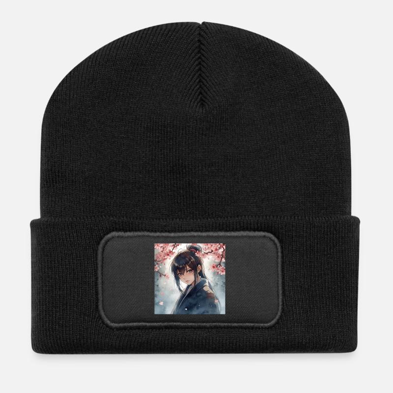 Hanfu unter Kirschblüten - Recycelte Patch Beanie - Schwarz
